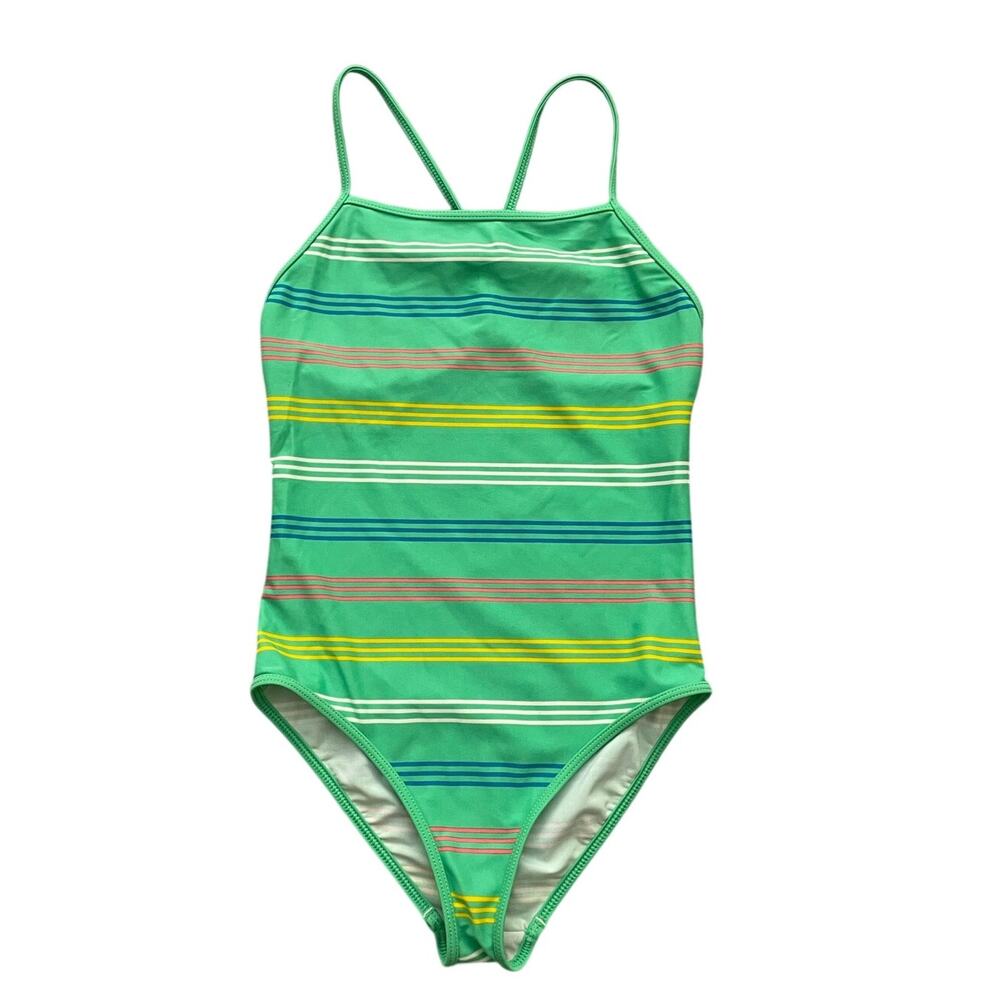 Patagonia Kids Girls Size L -12 Yrs Green Stripes One Piece Swimsuit